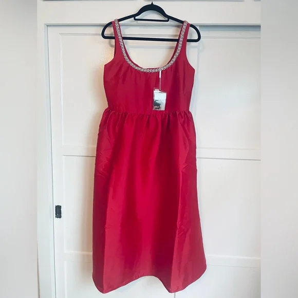 Self-Portrait Red Taffeta Diamante Midi Dress - Size UK 14/ US 10 - Picture 4 of 14